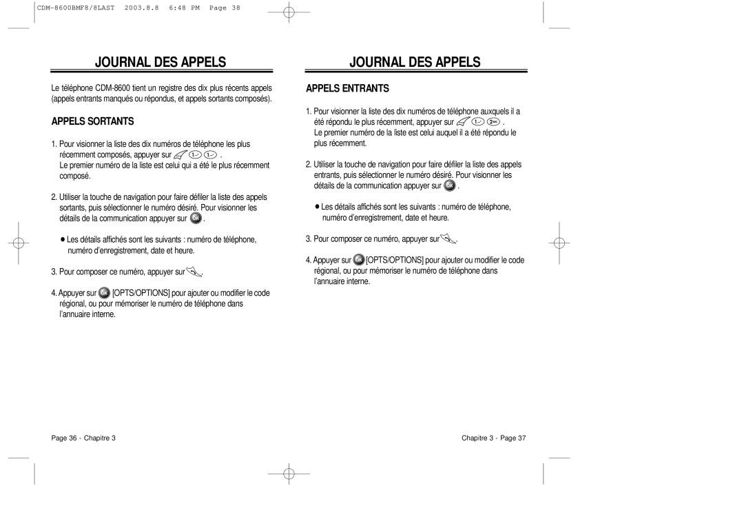 Audiovox CDM 8600 owner manual Journal DES Appels, Appels Sortants, Appels Entrants 