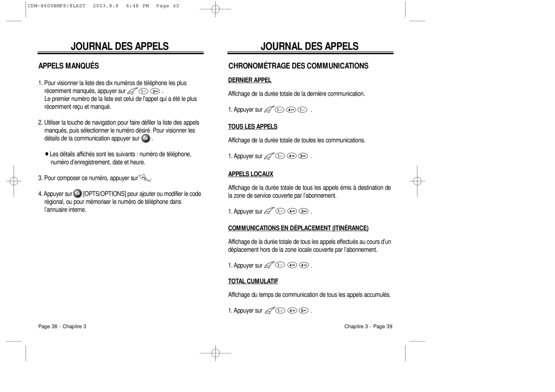 Audiovox CDM 8600 owner manual Appels Manqués, Chronométrage DES Communications 