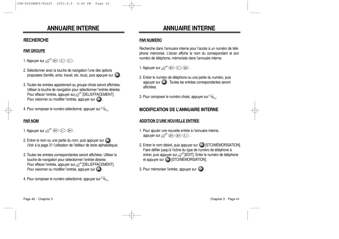 Audiovox CDM 8600 owner manual Annuaire Interne, Recherche, Modification DE L’ANNUAIRE Interne 