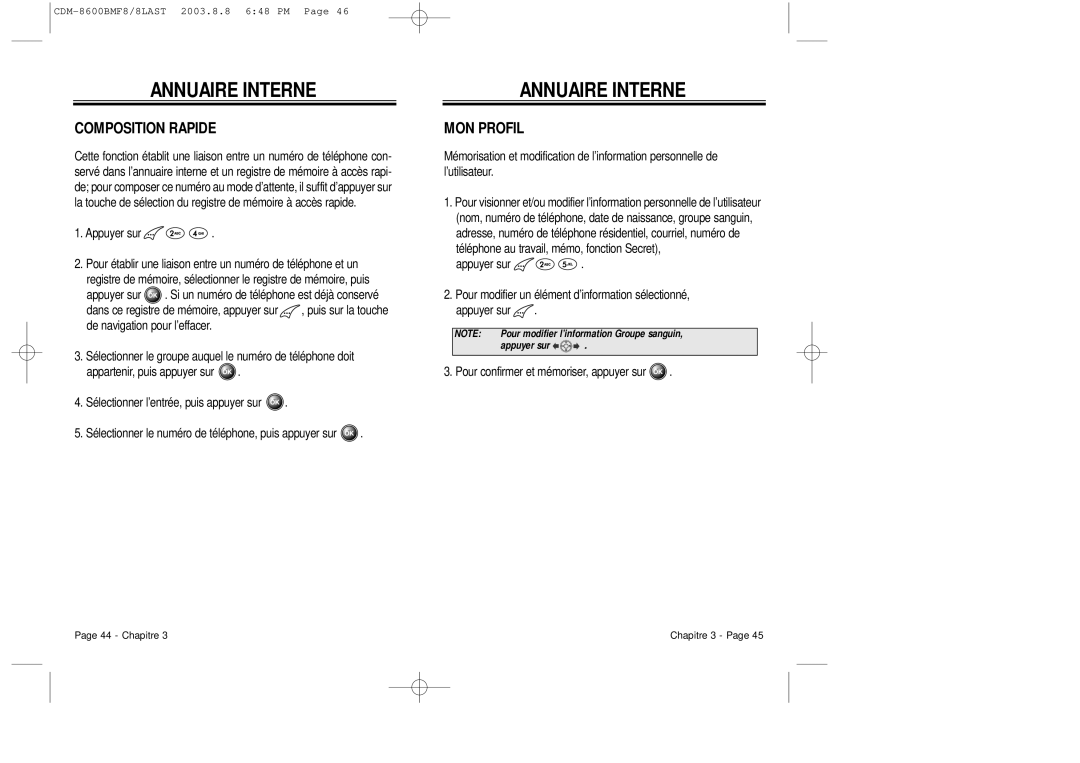 Audiovox CDM 8600 owner manual Composition Rapide, MON Profil 