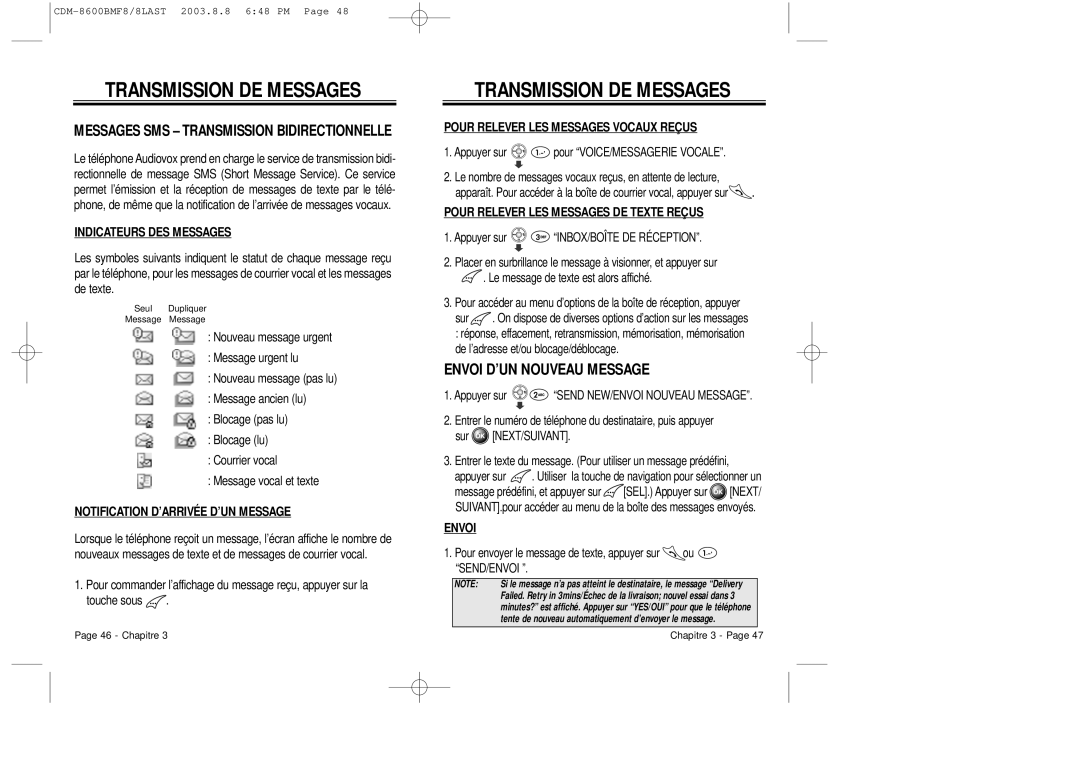 Audiovox CDM 8600 Transmission DE Messages, Envoi D’UN Nouveau Message, Messages SMS Transmission Bidirectionnelle 