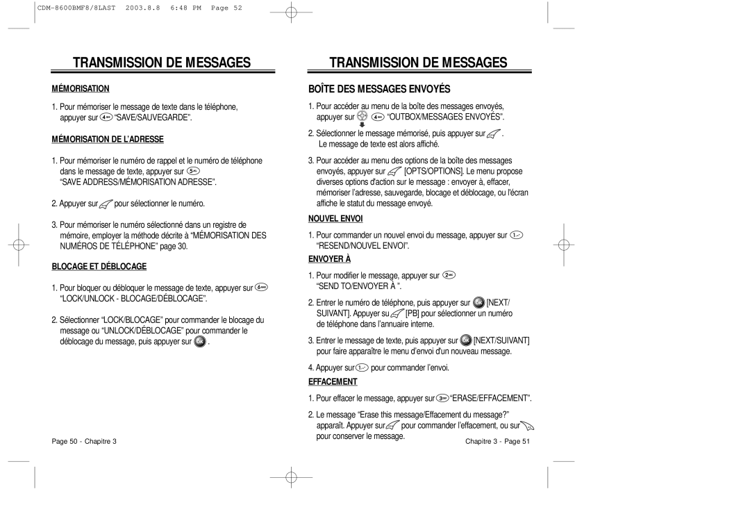 Audiovox CDM 8600 Boîte DES Messages Envoyés, Mémorisation DE L’ADRESSE, Blocage ET Déblocage, Nouvel Envoi, Envoyer À 