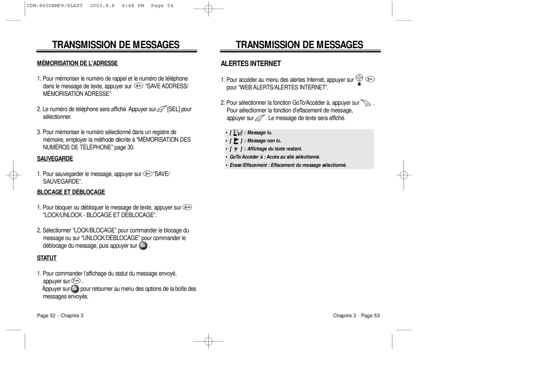 Audiovox CDM 8600 owner manual Alertes Internet, Mémorisation DE Ladresse, Sauvegarde, Statut 