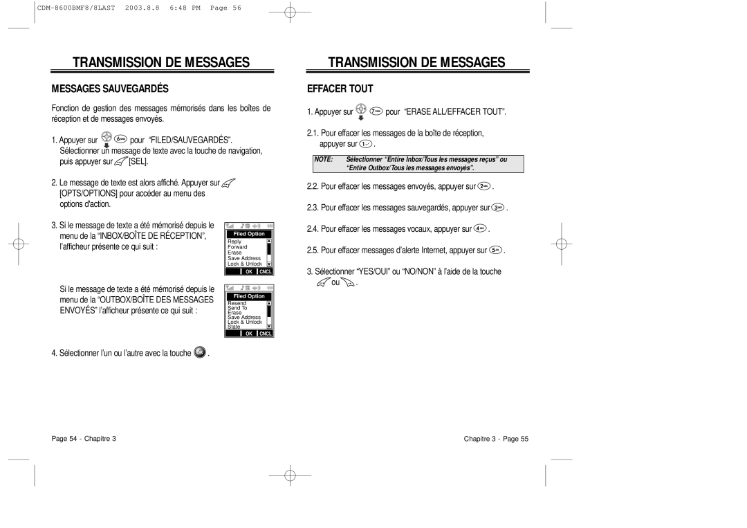 Audiovox CDM 8600 owner manual Messages Sauvegardés, Effacer Tout 