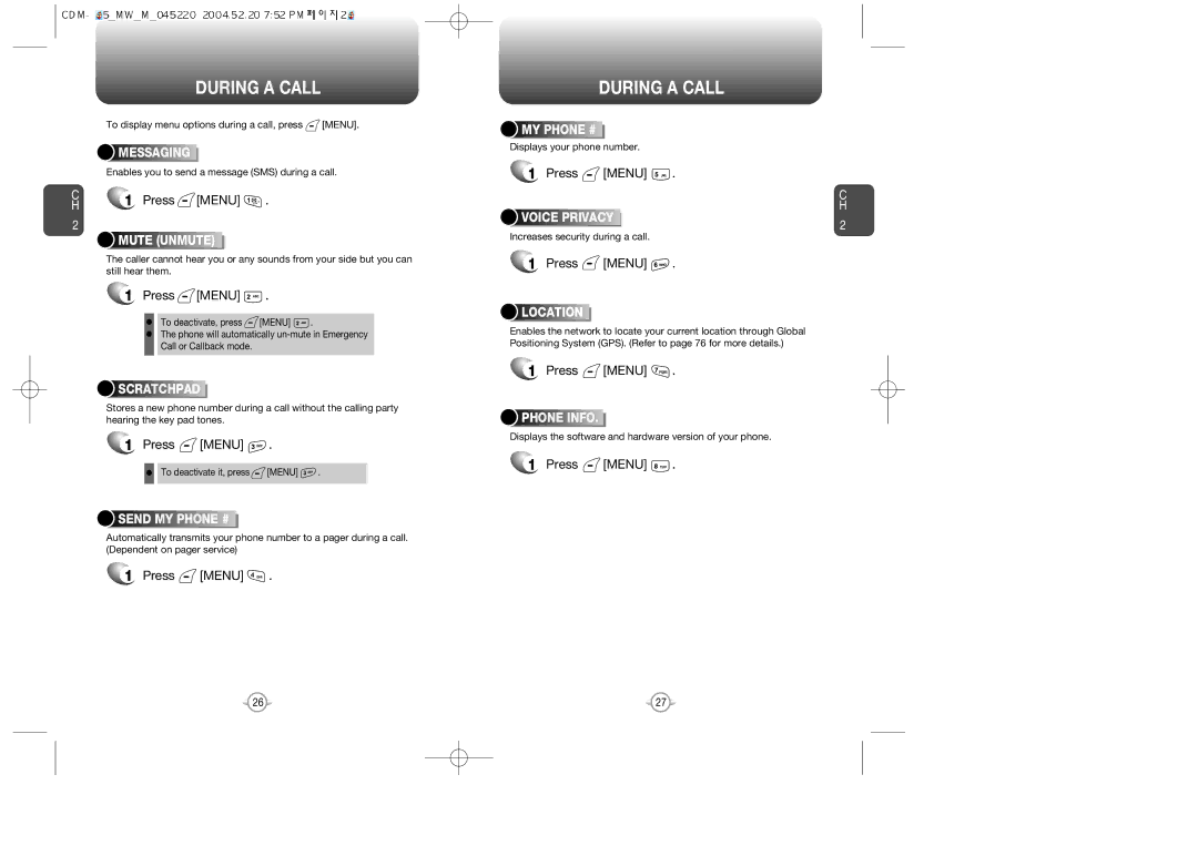 Audiovox CDM-8615 manual During a Call, Press Menu 