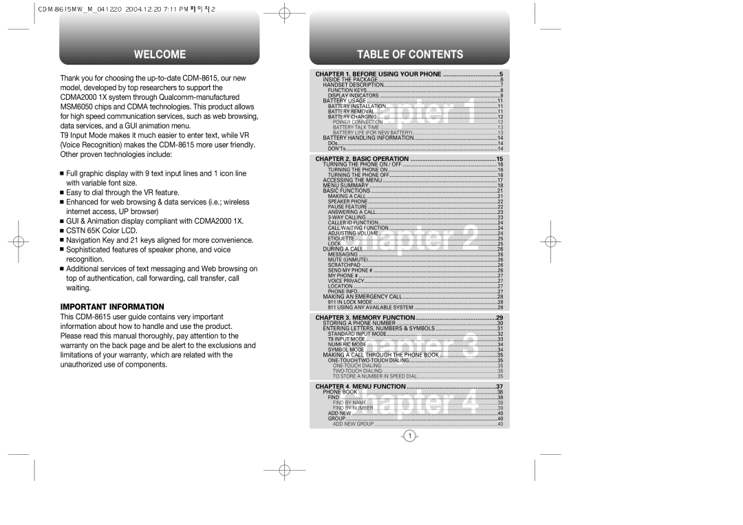 Audiovox CDM-8615 manual Welcome, Table of Contents 