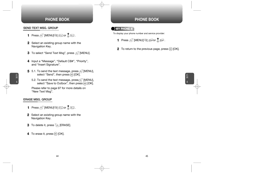 Audiovox CDM-8615 manual Send Text MSG. Group, Erase MSG. Group, Press Menu or To return to the previous page, press OK 