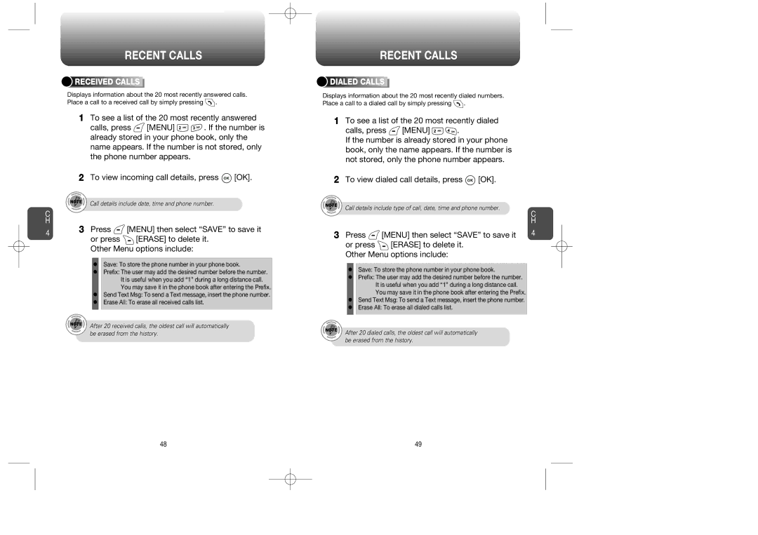 Audiovox CDM-8615 manual Received Calls, Dialed Calls 