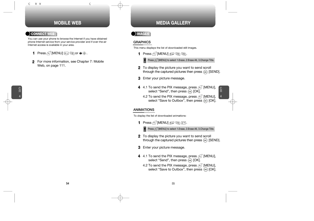 Audiovox CDM-8615 manual Mobile WEB, Media Gallery, Graphics, Menu, Animations 