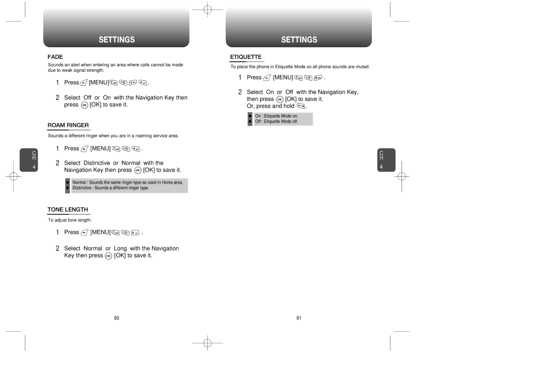 Audiovox CDM-8615 manual Fade, Roam Ringer, Tone Length, Etiquette 