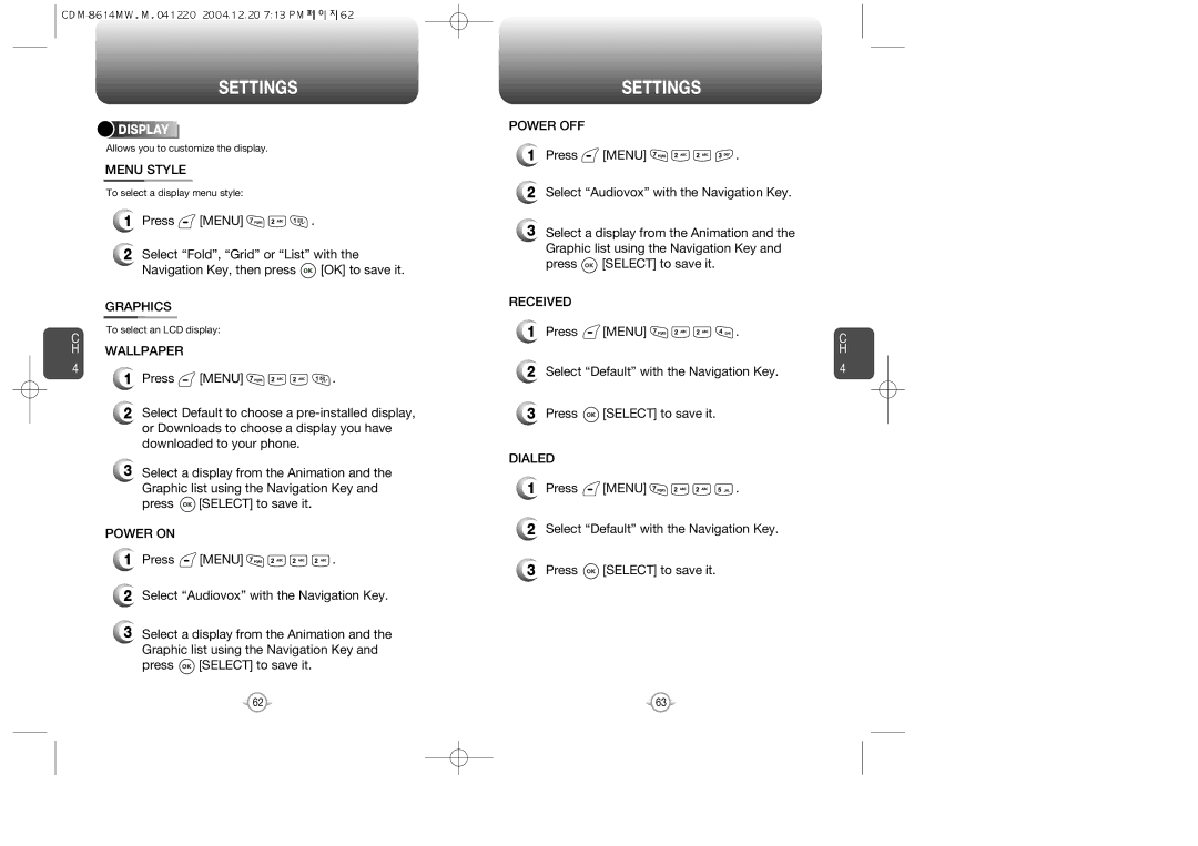 Audiovox CDM-8615 manual Menu Style, Wallpaper, Power on, Power OFF, Received, Dialed 