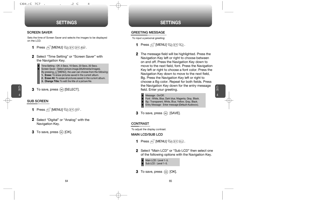 Audiovox CDM-8615 manual Screen Saver, SUB Screen, Greeting Message, Contrast, Main LCD/SUB LCD 