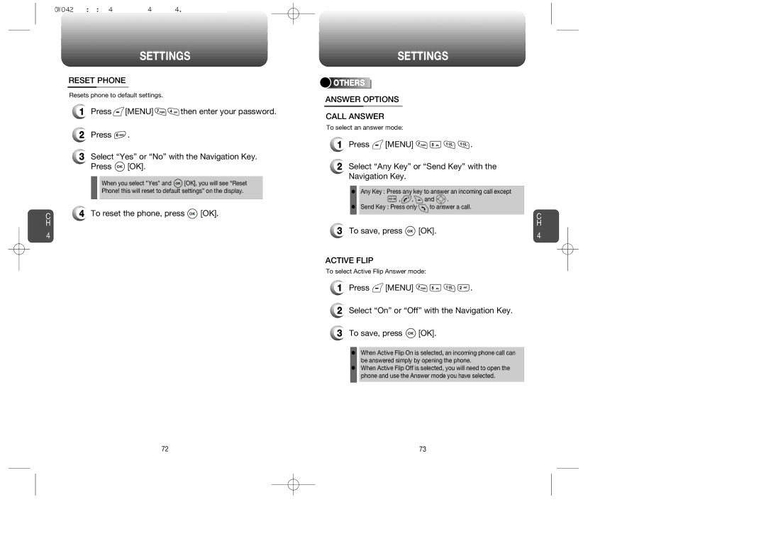 Audiovox CDM-8615 manual Reset Phone, To reset the phone, press OK, Answer Options Call Answer, Active Flip, Others 