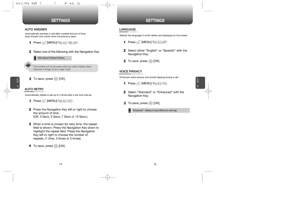 Audiovox CDM-8615 manual Auto Answer, Auto Retry, Language, Voice Privacy 