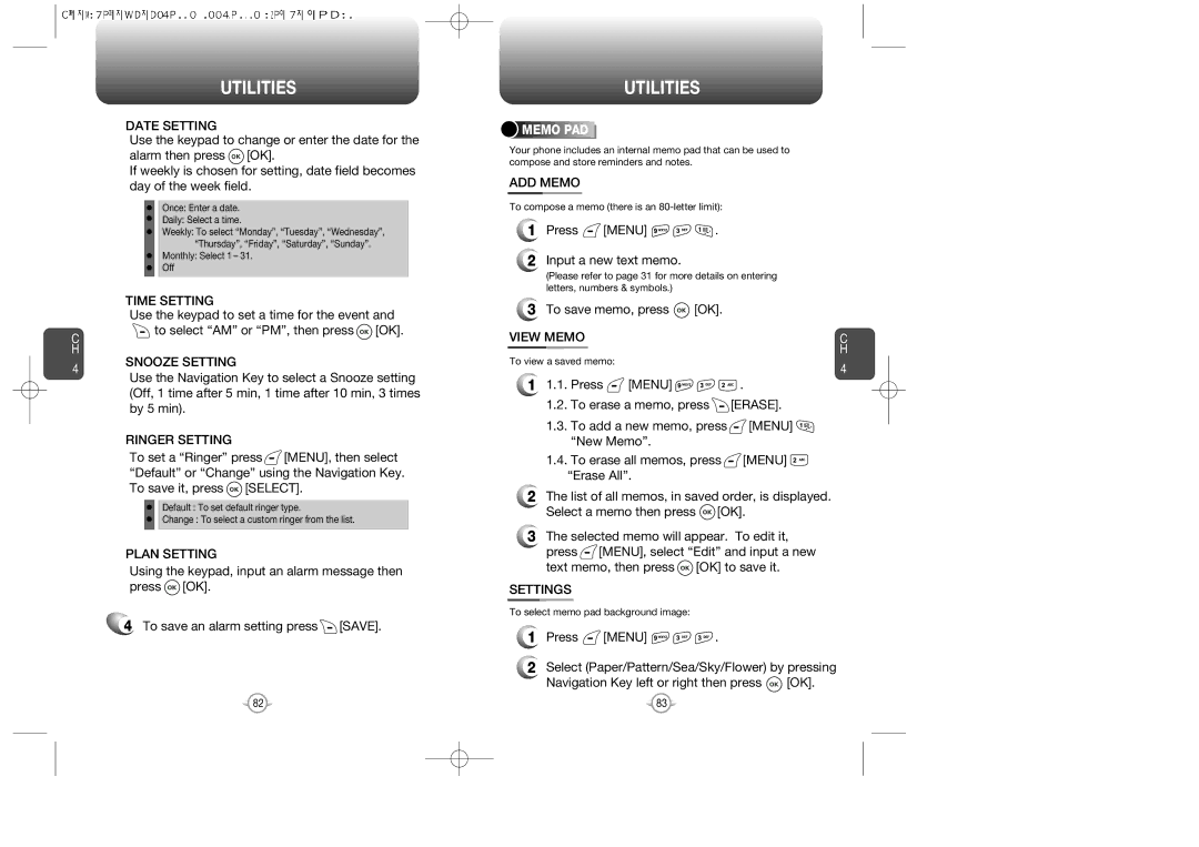 Audiovox CDM-8615 manual Snooze Setting, ADD Memo, Press Menu Input a new text memo, To save memo, press OK, Settings 