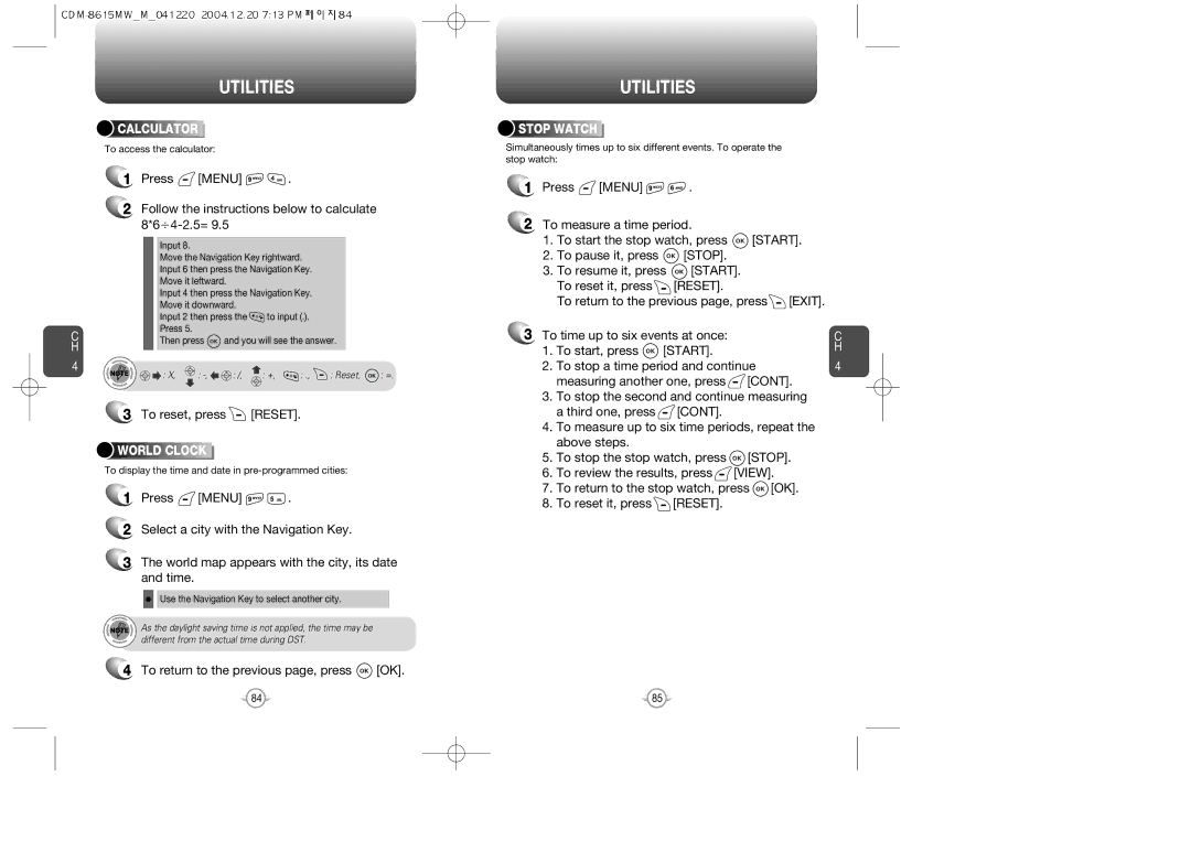 Audiovox CDM-8615 manual To reset, press Reset, Start, Calculator, World Clock, Stop Watch 