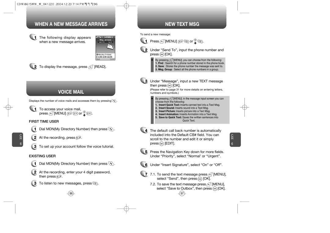 Audiovox CDM-8615 manual When a NEW Message Arrives, Voice Mail, NEW Text MSG, First Time User, Existing User 