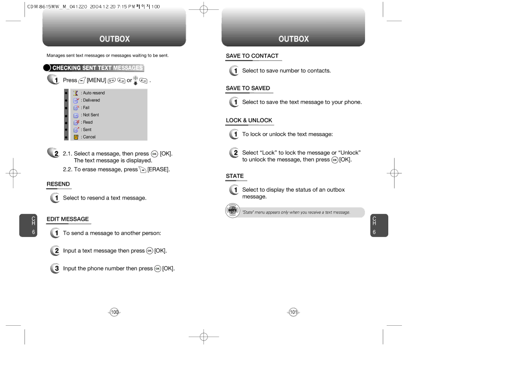 Audiovox CDM-8615 manual Outbox, Resend, Edit Message, State 