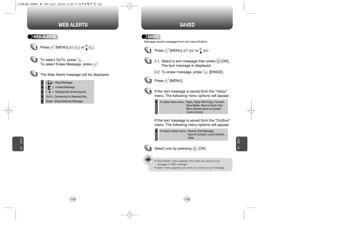 Audiovox CDM-8615 manual WEB Alerts, Saved, Select one by pressing OK 