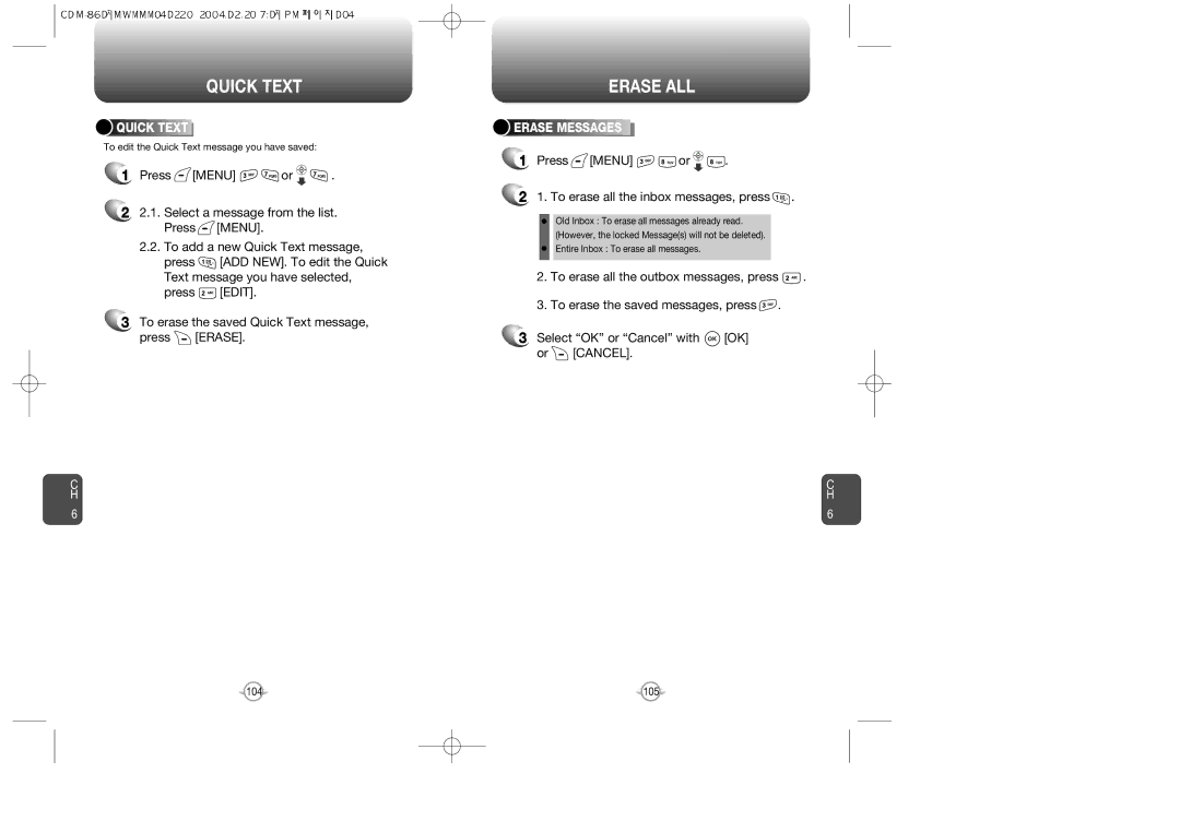 Audiovox CDM-8615 manual Quick Text, Erase ALL, Press Menu or To erase all the inbox messages, press, Erase Messages 