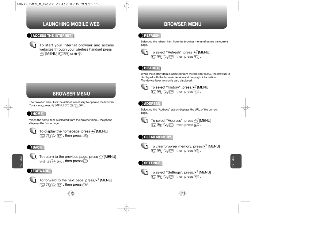 Audiovox CDM-8615 manual Launching Mobile WEB, Browser Menu 