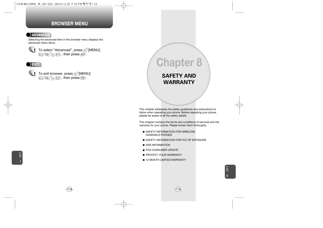 Audiovox CDM-8615 manual To select Advanced, press Menu Then press, To exit browser, press Menu Then press, Exit 