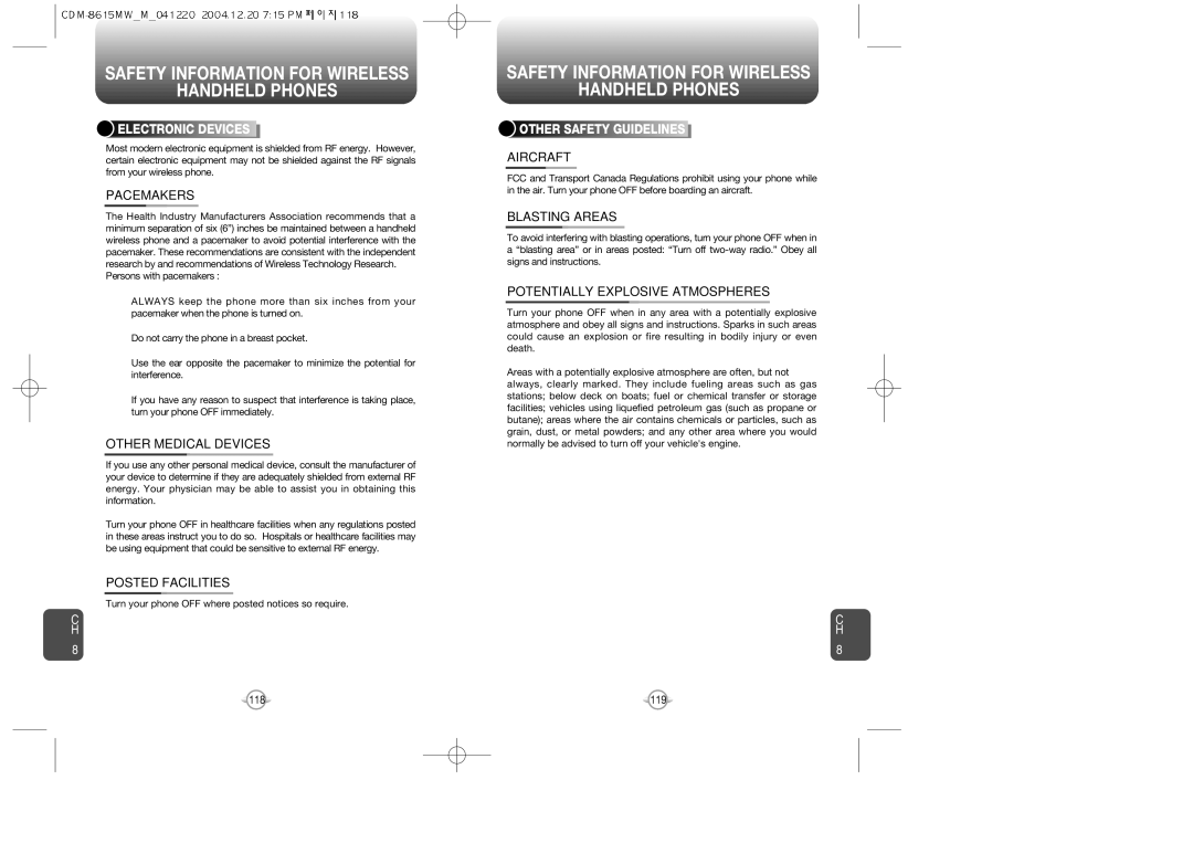 Audiovox CDM-8615 manual Pacemakers, Other Medical Devices, Posted Facilities, Aircraft, Blasting Areas 