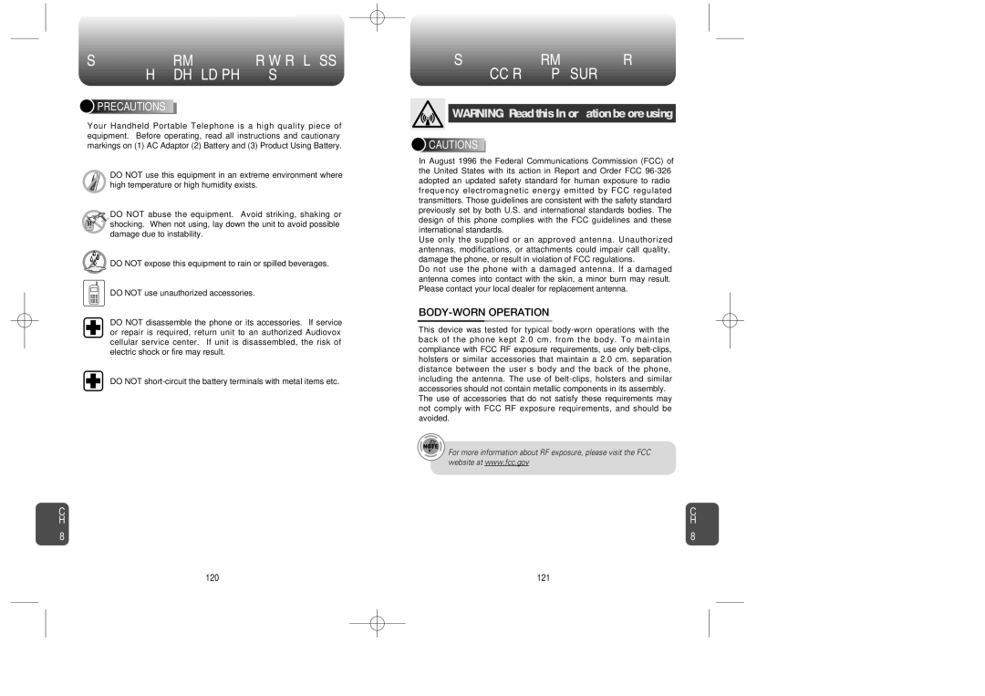 Audiovox CDM-8615 manual Safety Information for FCC RF Exposure, BODY-WORN Operation, Precautions 