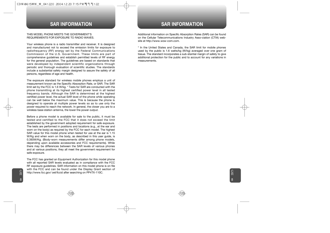 Audiovox CDM-8615 manual SAR Information 