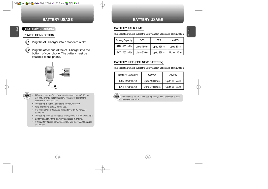 Audiovox CDM-8615 manual Power Connection, Battery Talk Time, Battery Life for NEW Battery 