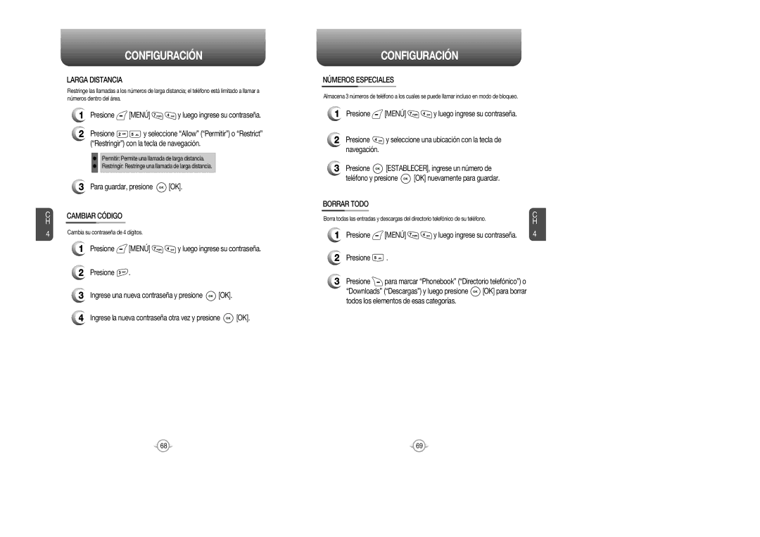 Audiovox CDM 8615 manual Larga Distancia, Cambiar Código, Números Especiales, Borrar Todo 