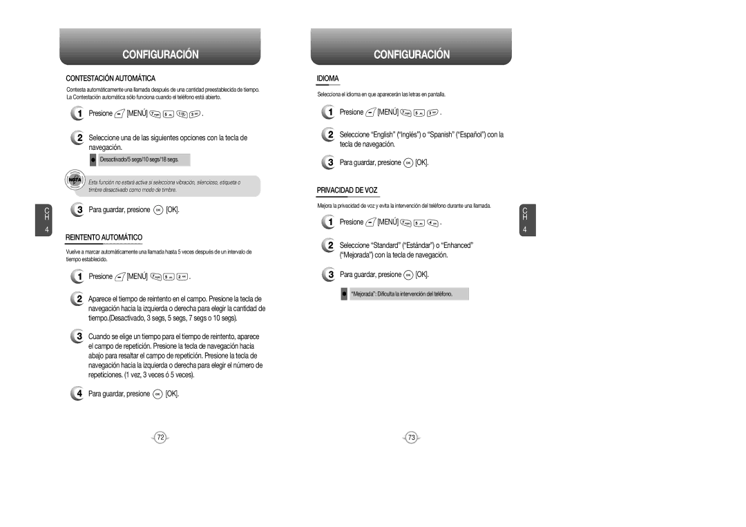 Audiovox CDM 8615 manual Contestación Automática, Reintento Automático, Idioma, Privacidad DE VOZ 