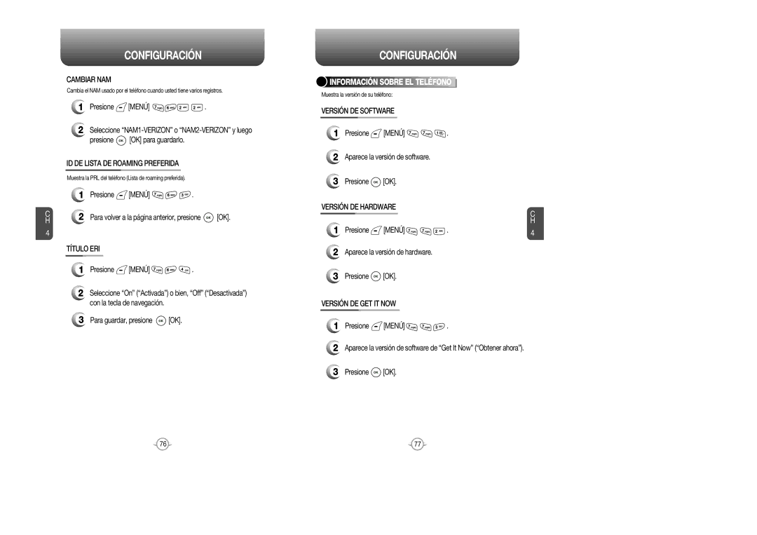 Audiovox CDM 8615 Cambiar NAM, ID DE Lista DE Roaming Preferida, Título ERI, Versión DE Software, Versión DE Hardware 