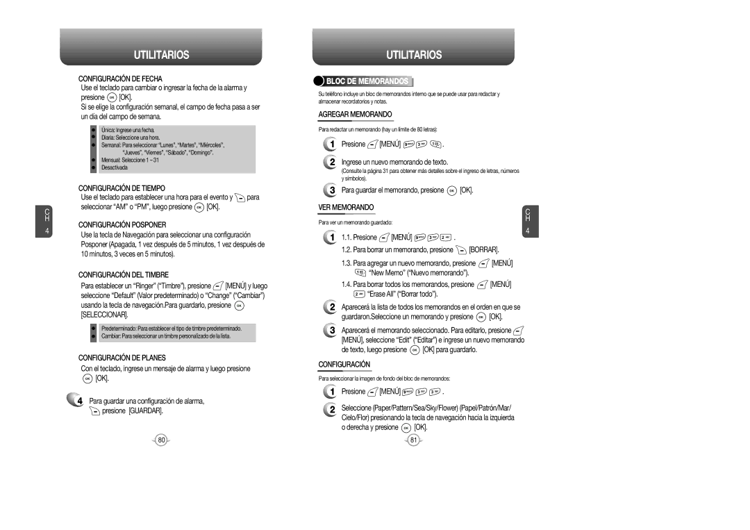 Audiovox CDM 8615 manual Configuración Posponer, Bloc DE Memorandos, Agregar Memorando, VER Memorando 