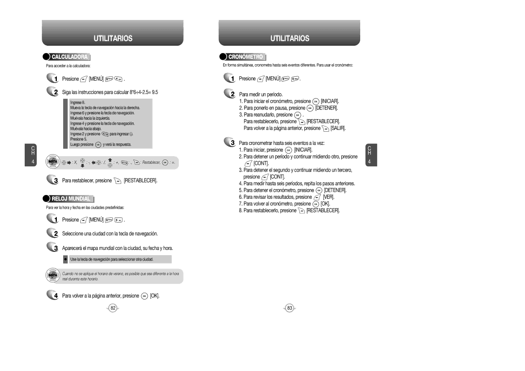 Audiovox CDM 8615 manual Calculadora, Para restablecer, presione Restablecer, Reloj Mundial, Cronómetro, Cont 