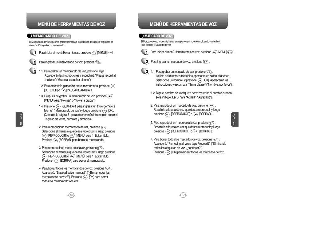 Audiovox CDM 8615 manual Menú DE Herramientas DE VOZ, Memorando DE VOZ, Marcado DE VOZ 