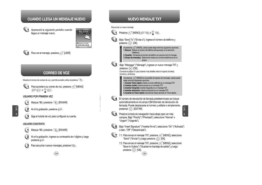 Audiovox CDM 8615 manual Cuando Llega UN Mensaje Nuevo, Correo DE VOZ, Nuevo Mensaje TXT, Usuario POR Primera VEZ 