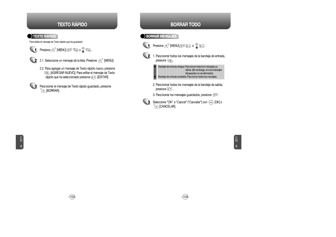 Audiovox CDM 8615 manual Texto Rápido, Borrar Todo, Borrar Mensajes 