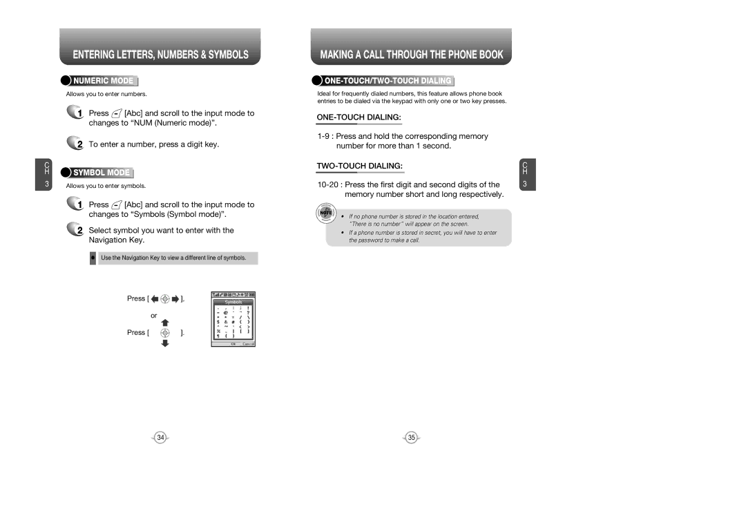 Audiovox CDM 8615 manual ONE-TOUCH Dialing, TWO-TOUCH Dialing, Numeric Mode, Symbol Mode 