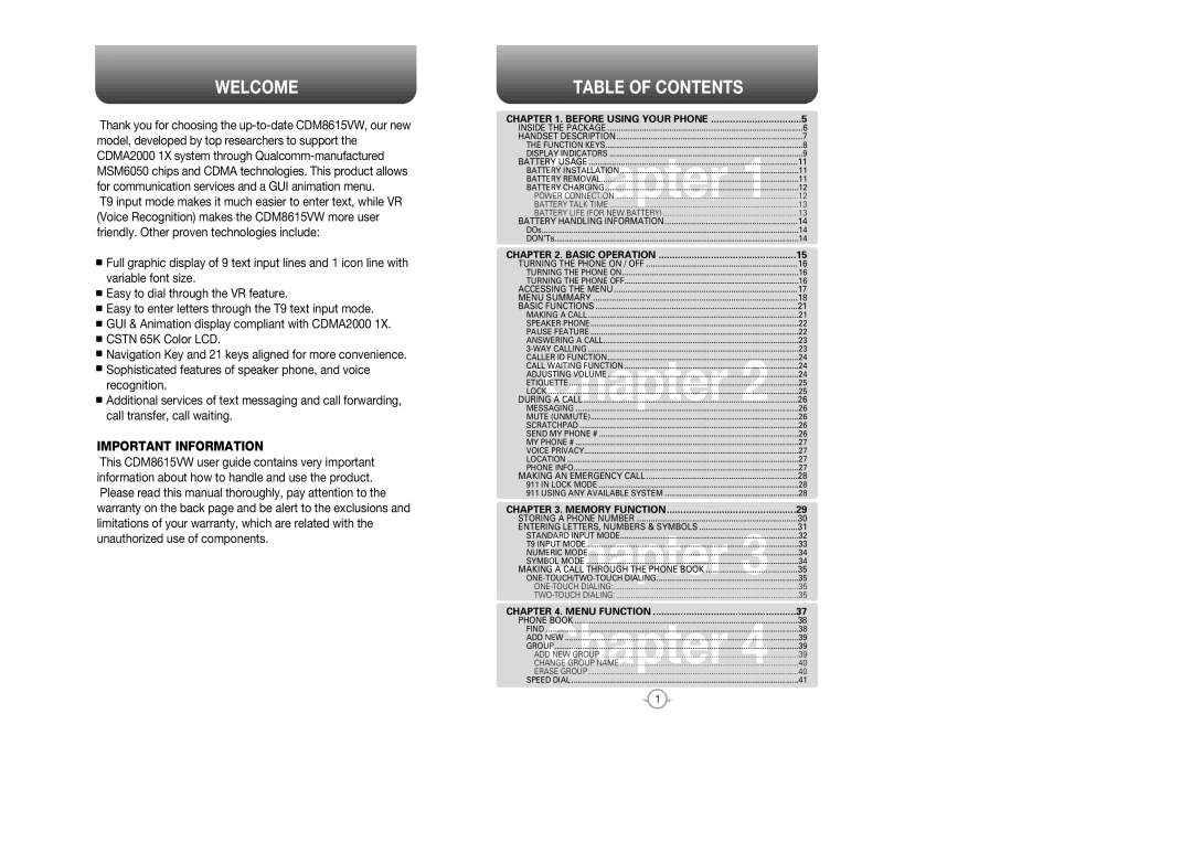 Audiovox CDM 8615 manual Welcome, Table of Contents 