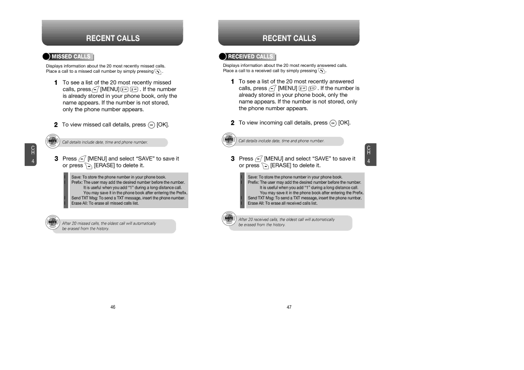 Audiovox CDM 8615 manual Missed Calls, Received Calls 