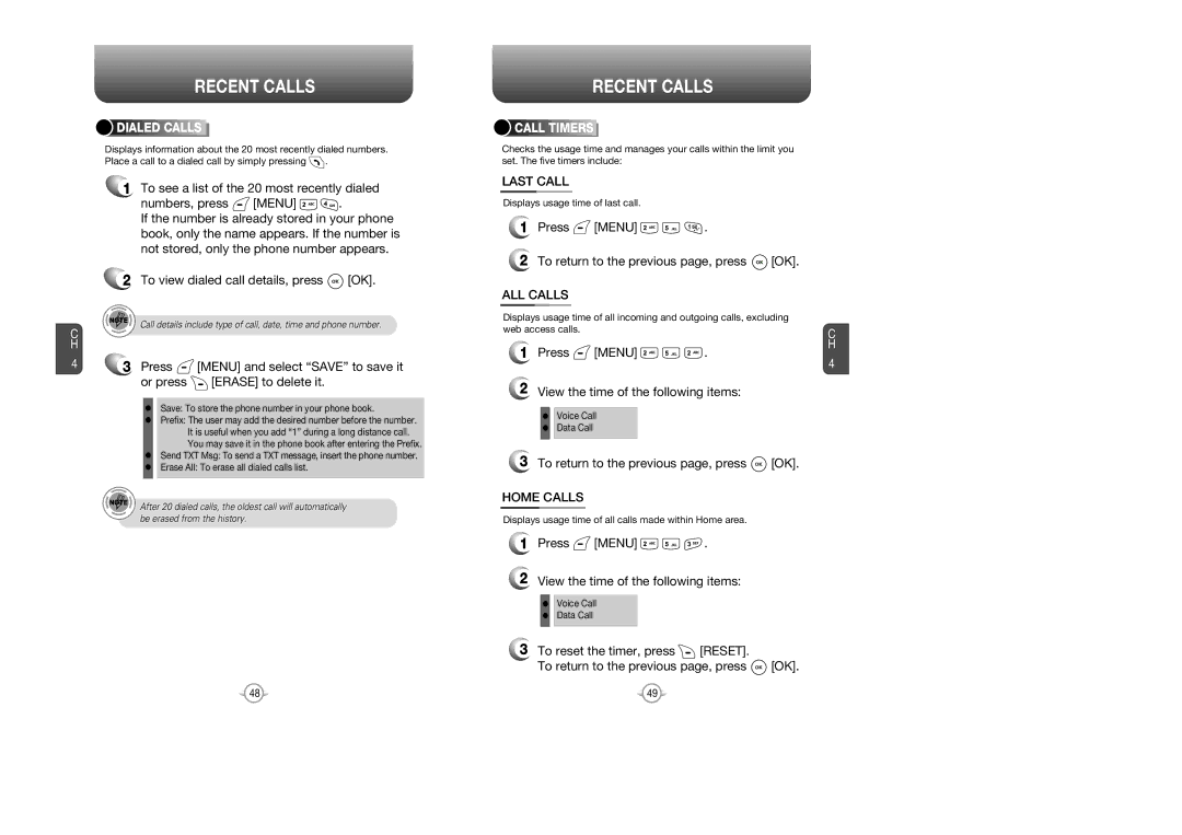 Audiovox CDM 8615 manual Last Call, ALL Calls, Press Menu View the time of the following items, Home Calls 