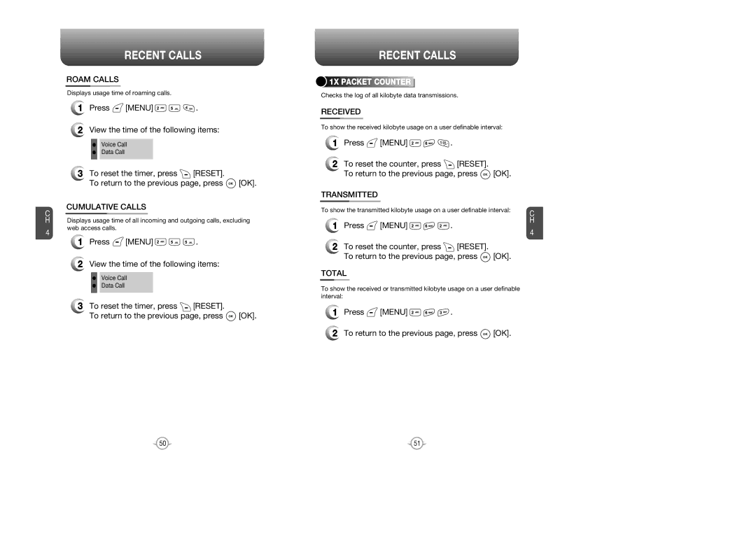 Audiovox CDM 8615 manual Roam Calls, Cumulative Calls, Received, Transmitted, Menu, Reset, Total 