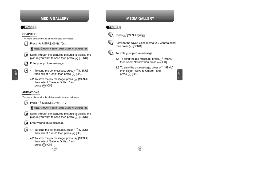 Audiovox CDM 8615 manual Media Gallery, Graphics, Animations, Images, Tones 