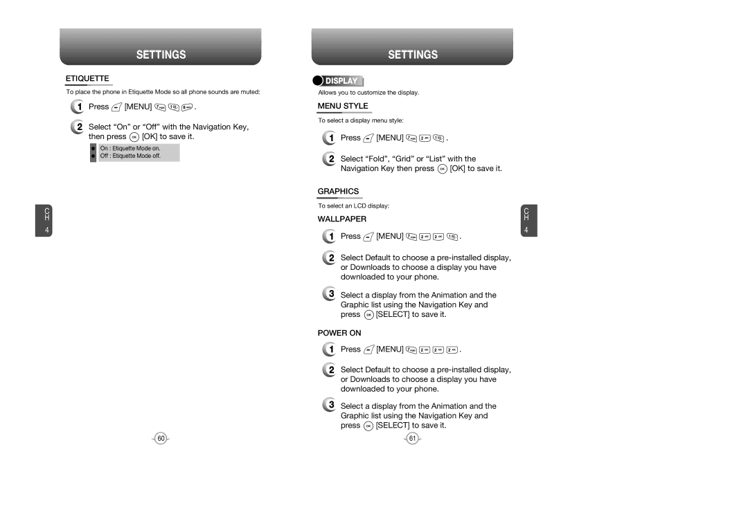 Audiovox CDM 8615 manual Etiquette, Menu Style, Wallpaper, Power on, Display 