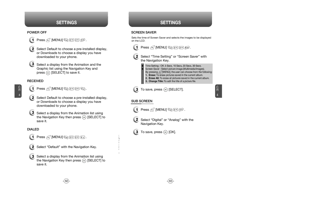 Audiovox CDM 8615 manual Power OFF, Dialed, Screen Saver, To save, press Select, SUB Screen 