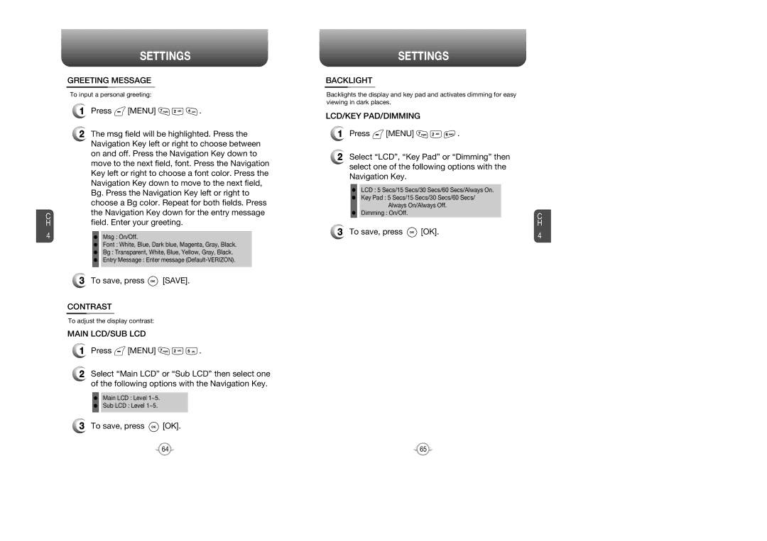 Audiovox CDM 8615 manual Greeting Message, Contrast, Main LCD/SUB LCD, Backlight, Lcd/Key Pad/Dimming 