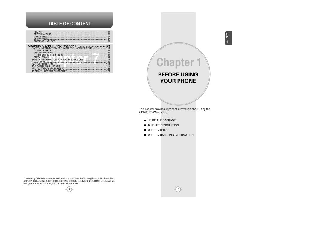 Audiovox CDM 8615 manual SAR Chapter, Table of Content 