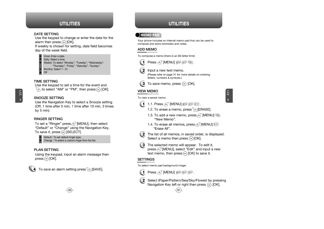 Audiovox CDM 8615 manual Snooze Setting, ADD Memo, Press Menu Input a new text memo, To save memo, press OK, Settings 