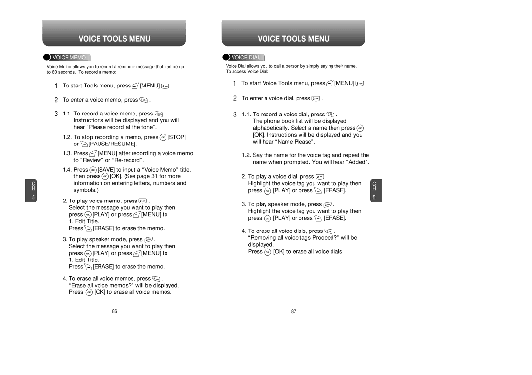 Audiovox CDM 8615 manual Voice Tools Menu, Erase, Voice Memo, Voice Dial 